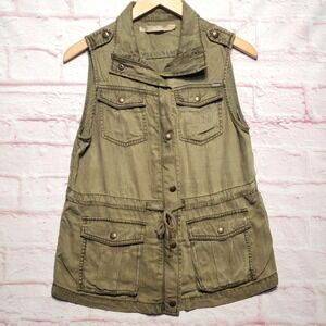 Max‎ Jeans Utility Vest Womens XS Green Cargo Pockets Drawstring Waist Safari